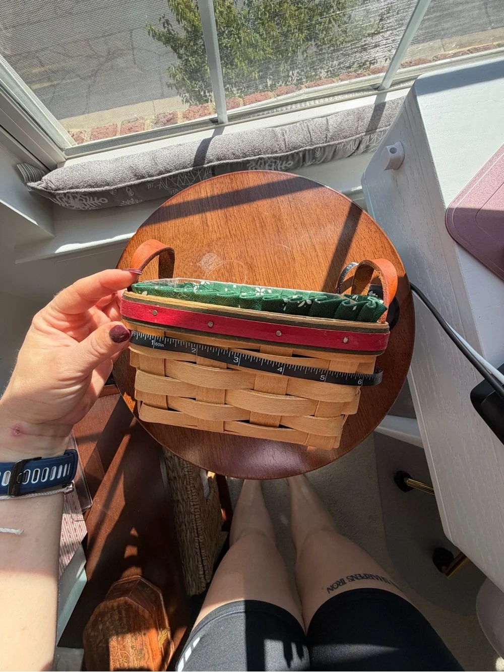 Woven longaberger Natural Basket with Green Liner and Red Trim